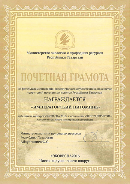 Почётная грамота «ЭКОВЕСНА 2016» — Министерство экологии РТ